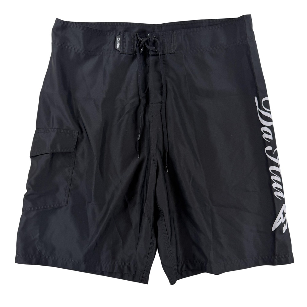 Da Hui Board Shorts Mens 38 Black Solid Cargo Pocket Surf Swim Trunks Quick Dry